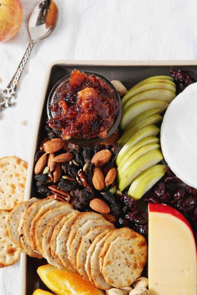 Overhead image of Orange Cranberry Compote on a Thanksgiving Cheese Board