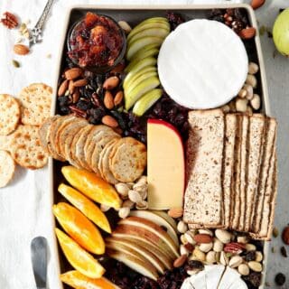 Overhead image of a Thanksgiving Cheese Board