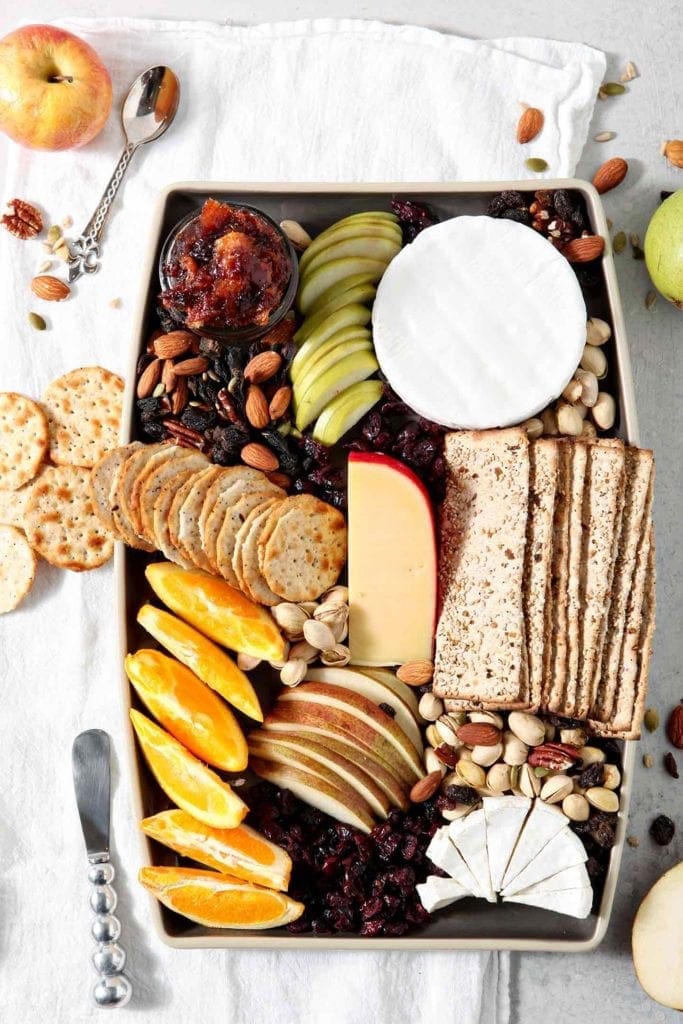 Overhead image of a Thanksgiving Cheese Board