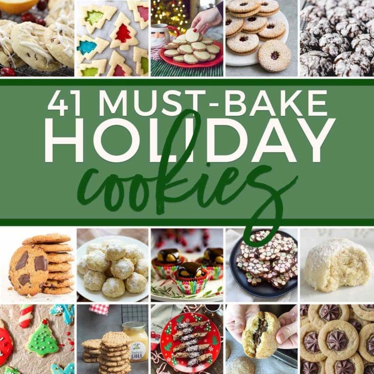 Square collage of 41 Holiday Cookie Recipes You've Gotta Bake This December, featuring 30 images of cookies