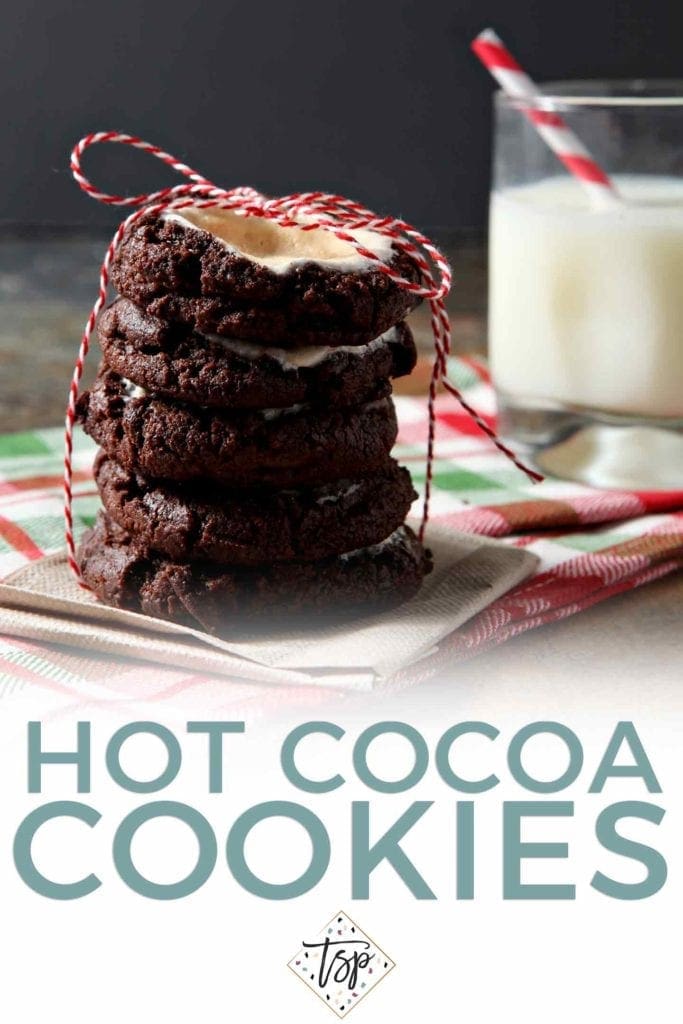 Pinterest graphic for Hot Cocoa Cookies, showing cookies stacked on top of one another with milk and text