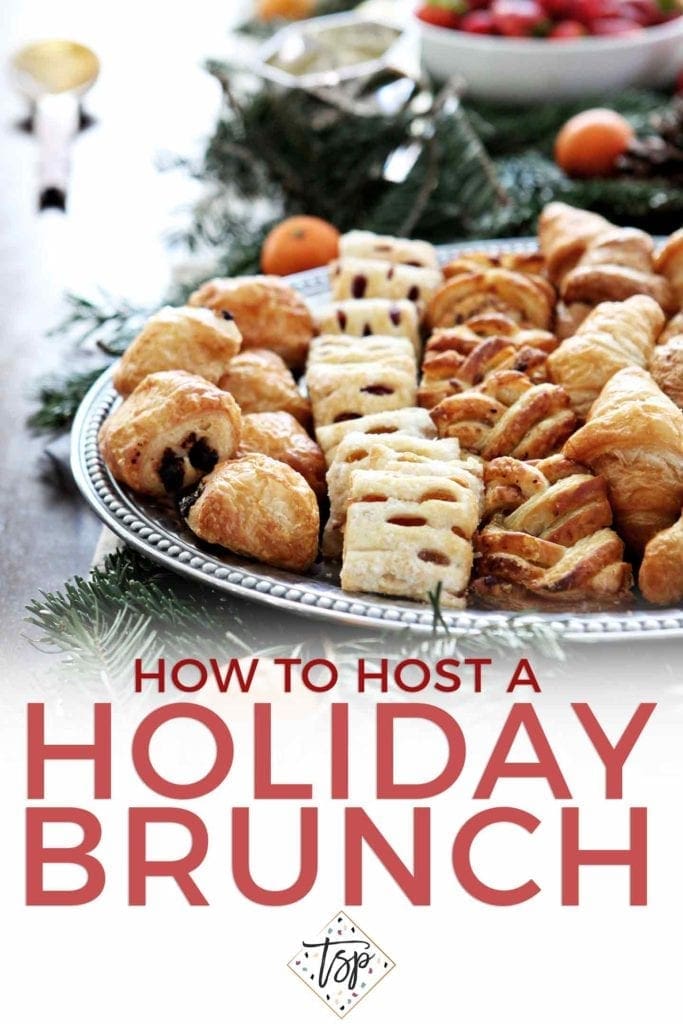 Pinterest image for How to Host a Holiday Brunch, featuring the tablescape and Pinterest text