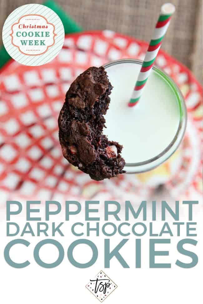 A half-eaten Peppermint Dark Chocolate Cookies sits on top of a glass of milk with Pinterest text