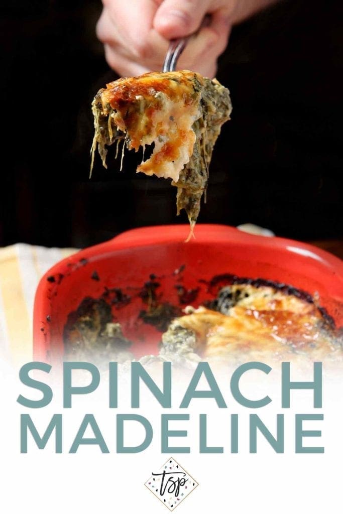 A person scoops a large scoop out of a red baking dish of Spinach Madeline, with Pinterest text