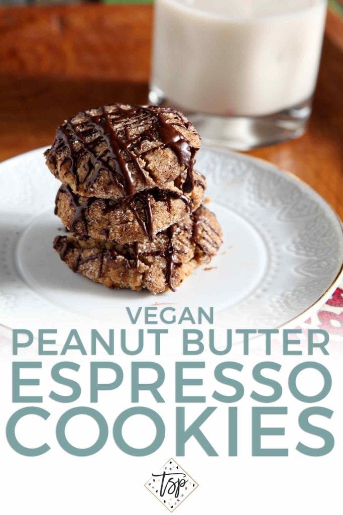 A stack of Vegan Peanut Butter Espresso Cookies is served with non-dairy milk; shown with a Pinterest text overlay