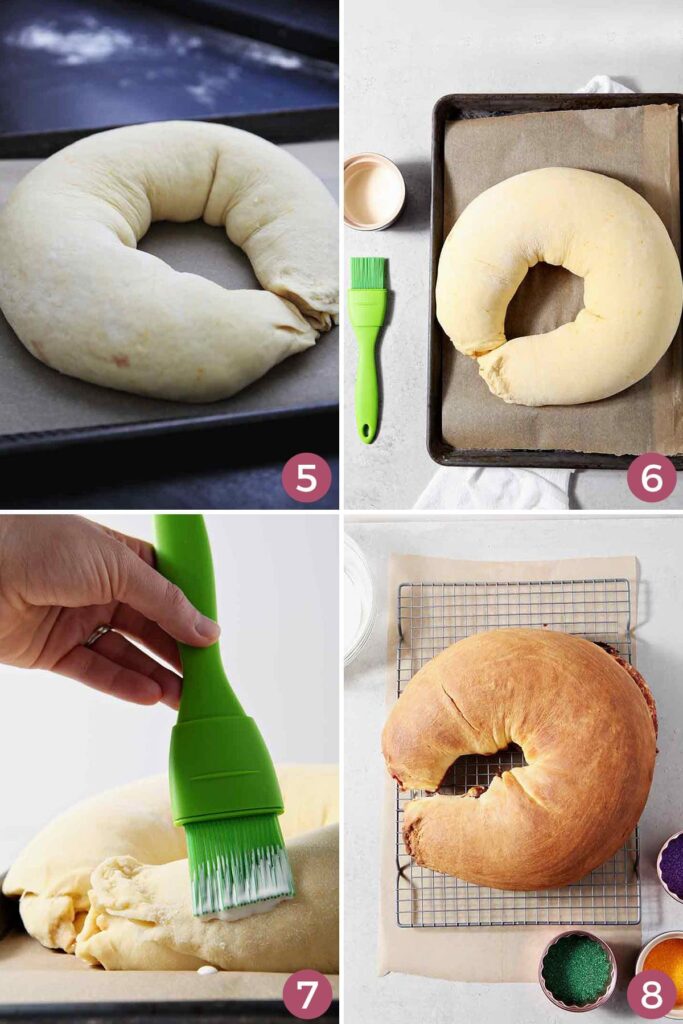 Collage showing how to roll and let a homemade king cake rise