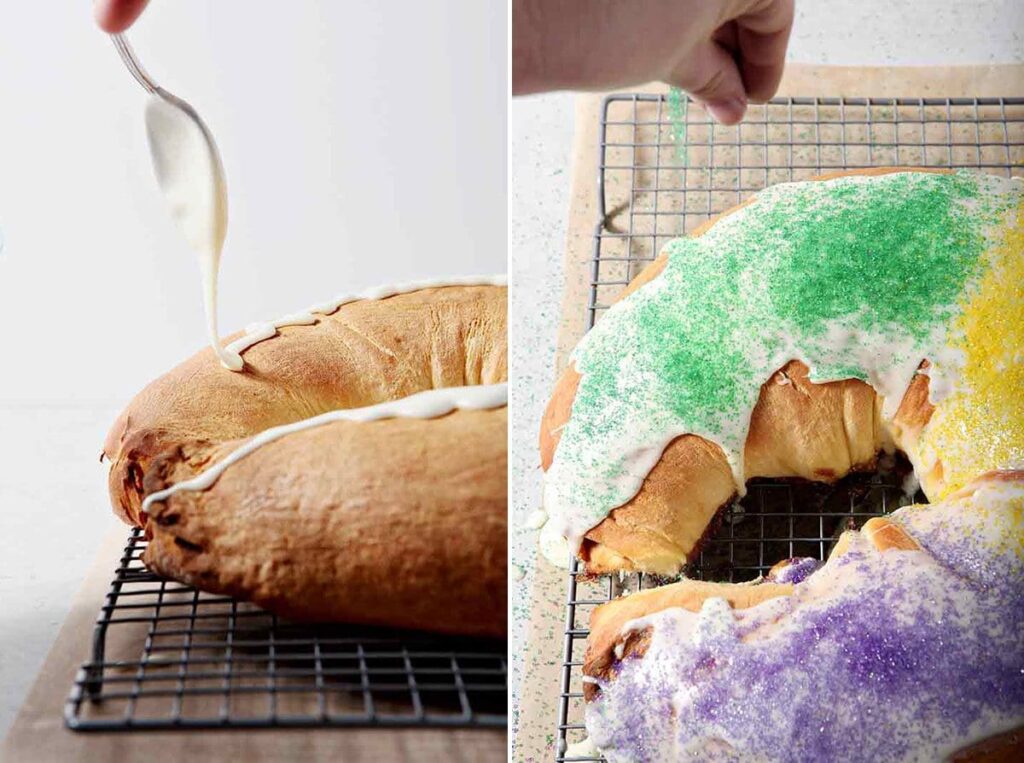 Collage showing how to ice and decorate a king cake