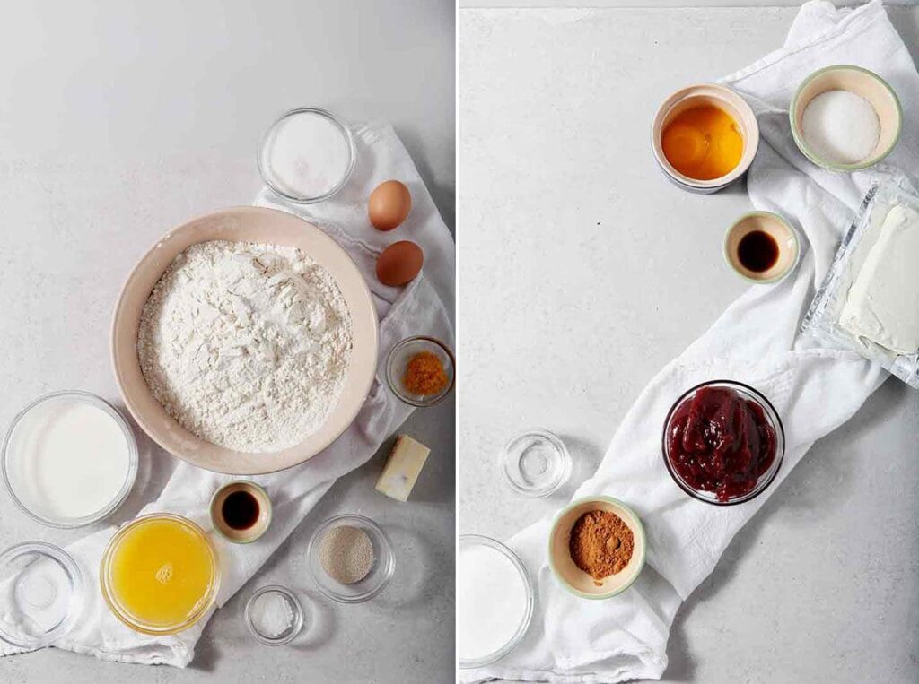 Collage showing homemade king cake ingredients in bowls