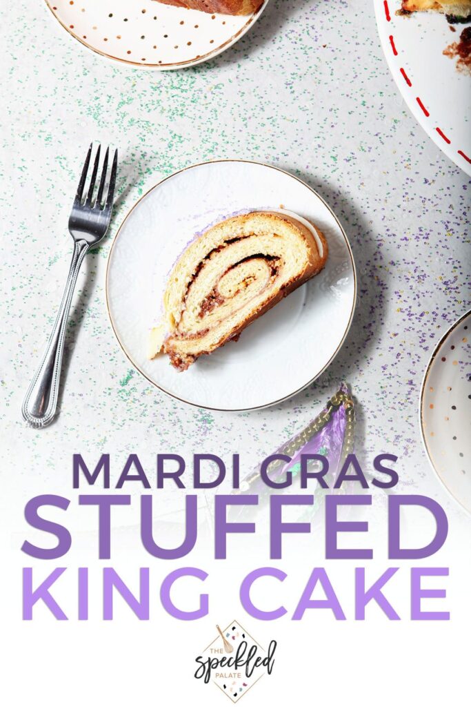 Slices of a pinwheel cake on plates with the text mardi gras stuffed king cake