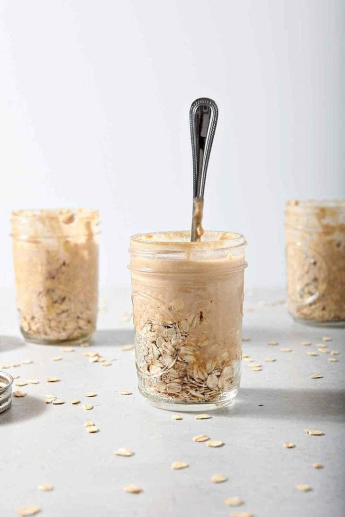 Three jars of Peanut Butter Overnight Oats before mixing