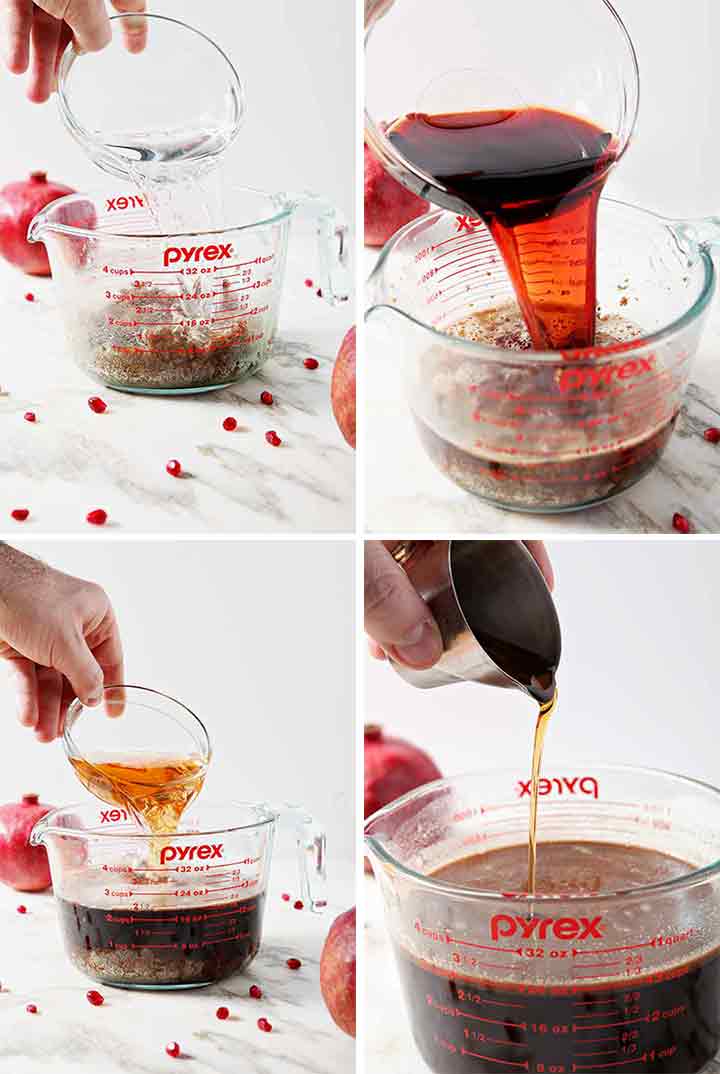 Collage showing the steps of how to make Pomegranate Hot Buttered Rum and add in the liquids