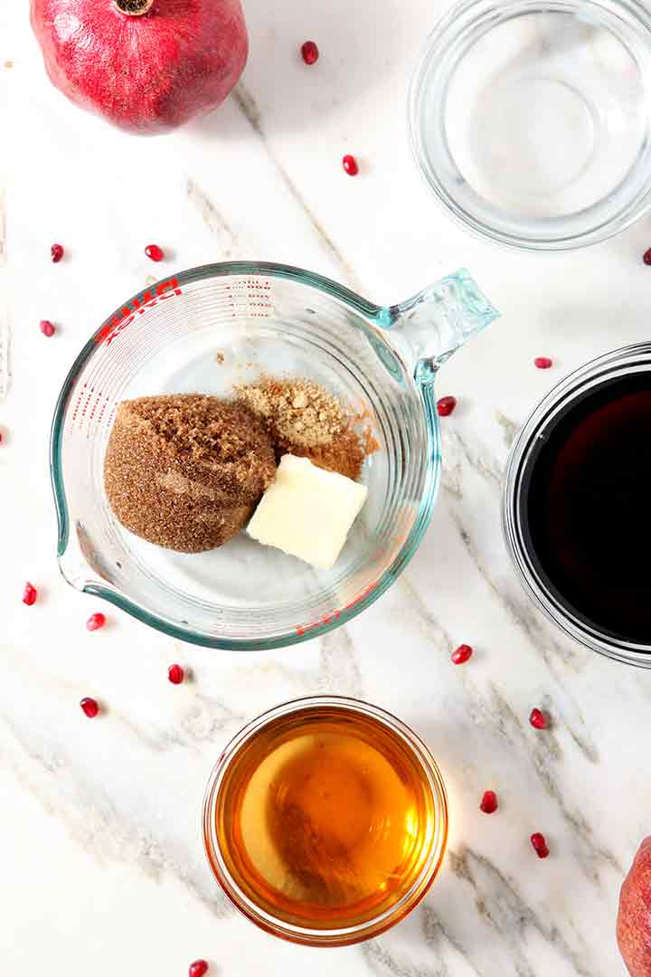 Ingredients for Pomegranate Hot Buttered Rum, before combining