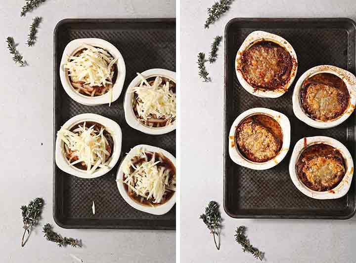 Collage of before and after soup crocks broil in the oven