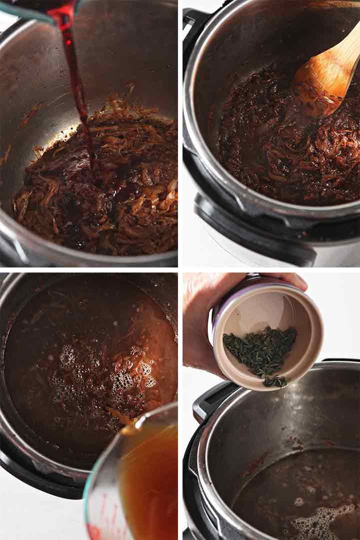 Collage of four images showing liquids and spices being added to the soup