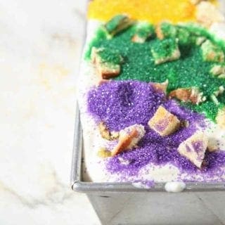 No Churn Mardi Gras King Cake Ice Cream in a loaf pan before freezing