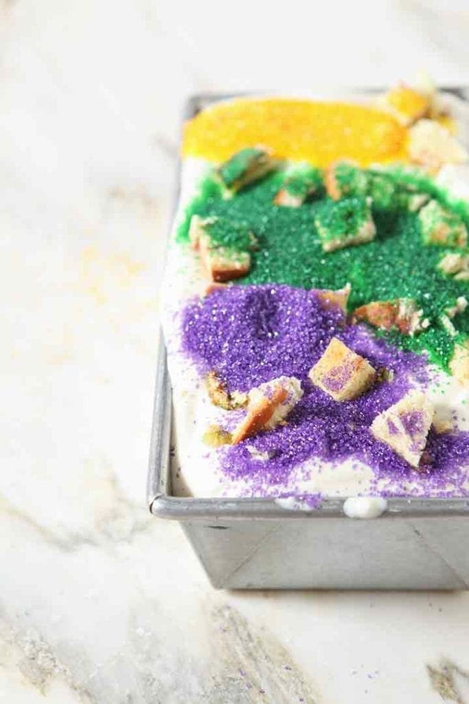 No Churn Mardi Gras King Cake Ice Cream in a loaf pan before freezing