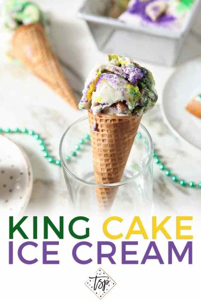 Pinterest graphic for No Churn Mardi Gras King Cake Ice Cream, featuring an ice cream cone