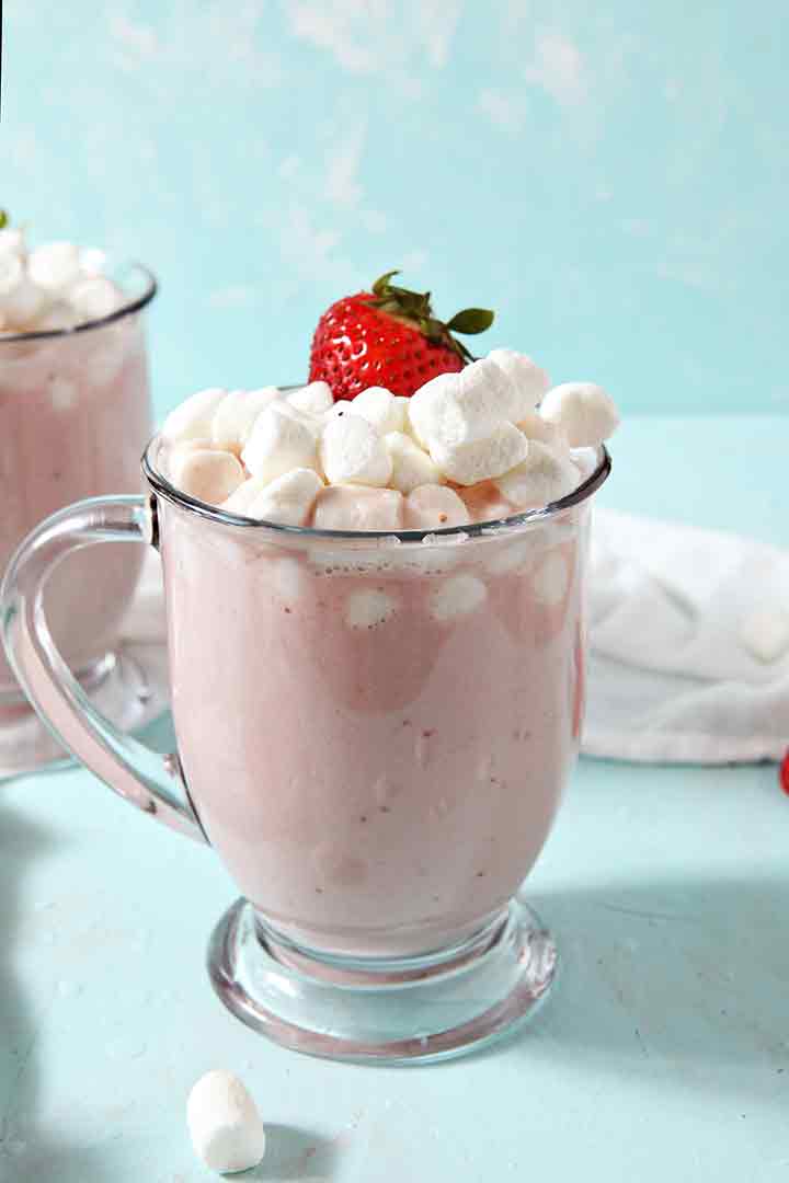 Close up of Strawberry White Hot Chocolate in a mug