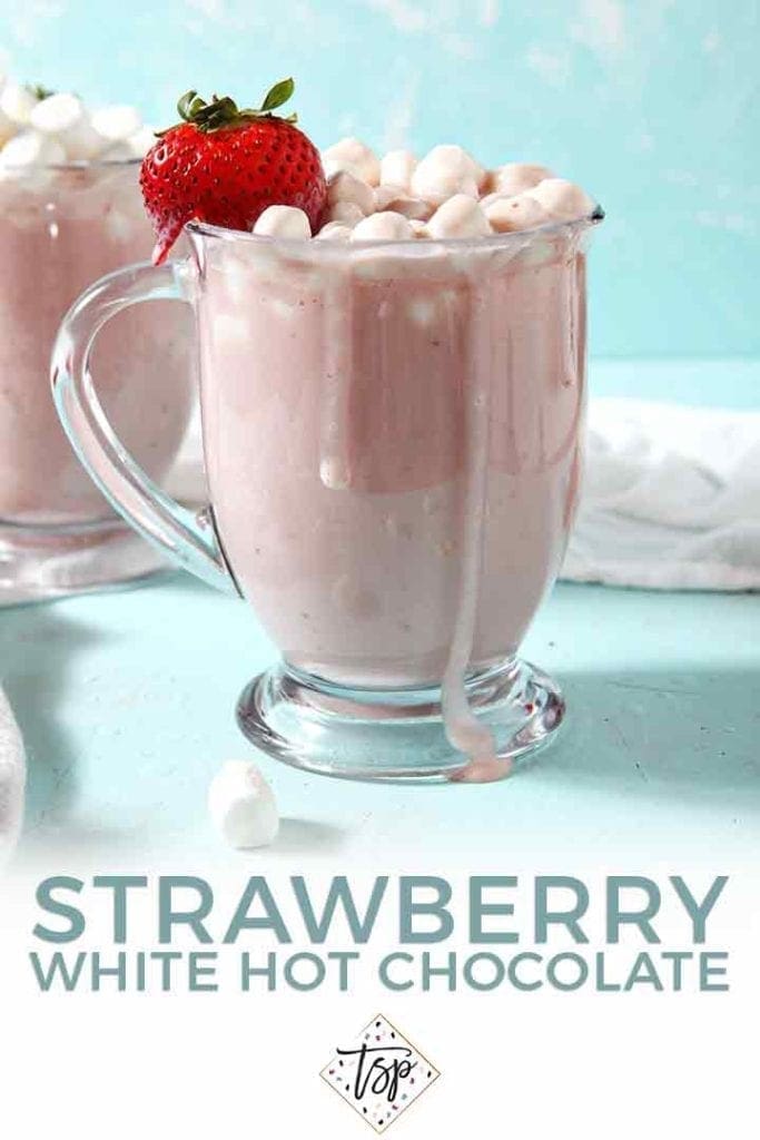 Close up of the hot cocoa, dripping out of the see-through mug, with Pinterest text