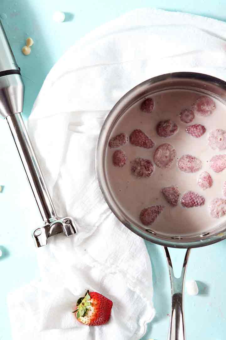 Strawberry White Hot Chocolate pre-blend in a saucepan