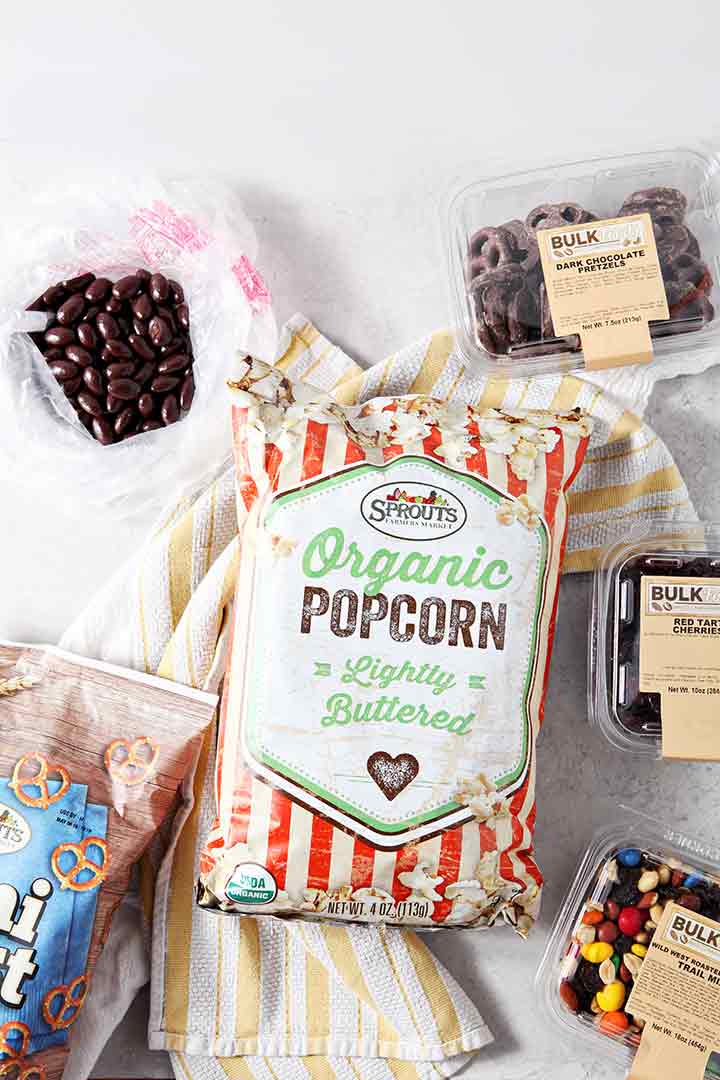 Ingredients to make popcorn snack mix