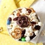Close up of an individual bowl of the popcorn snack mix