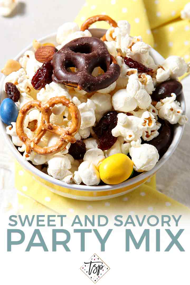 Pinterest graphic for Popcorn Party Mix Recipe, including a close up of the recipe and text