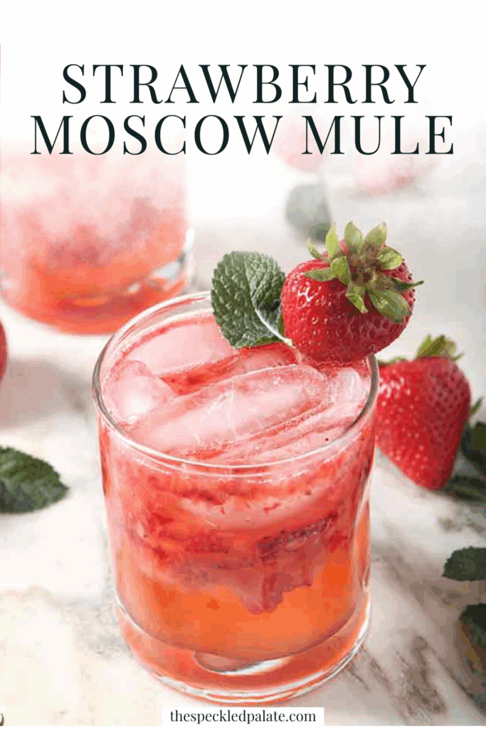 Overhead image, close up, of a strawberry drink with the text strawberry mule