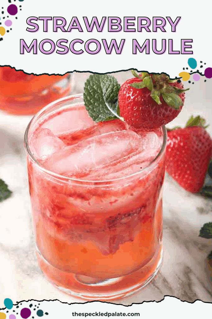 Overhead image, close up, of a strawberry drink with the text strawberry mule