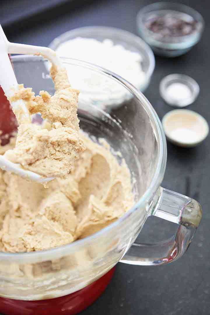 The wet ingredients for Chocolate Chip Cookie Bars are blended together before the dry ingredients are added