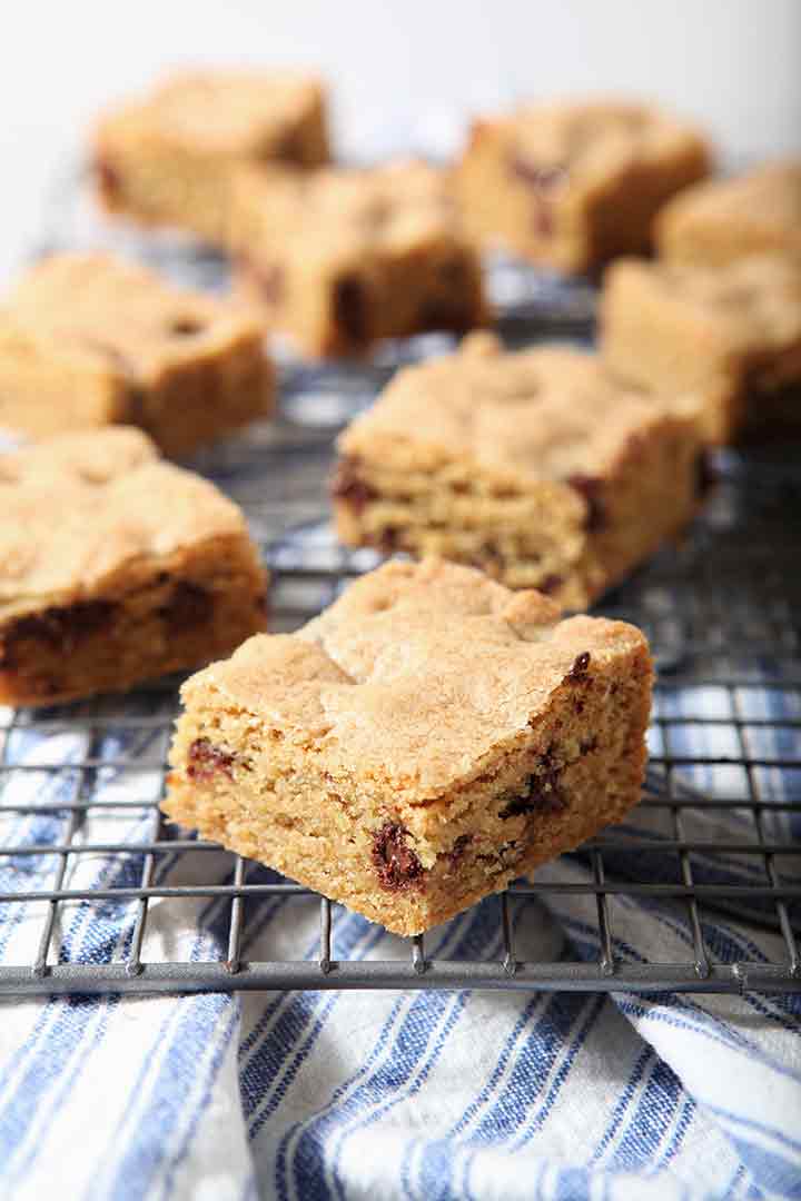 Chocolate Chip Cookie Bars cool on a wire cooling rack