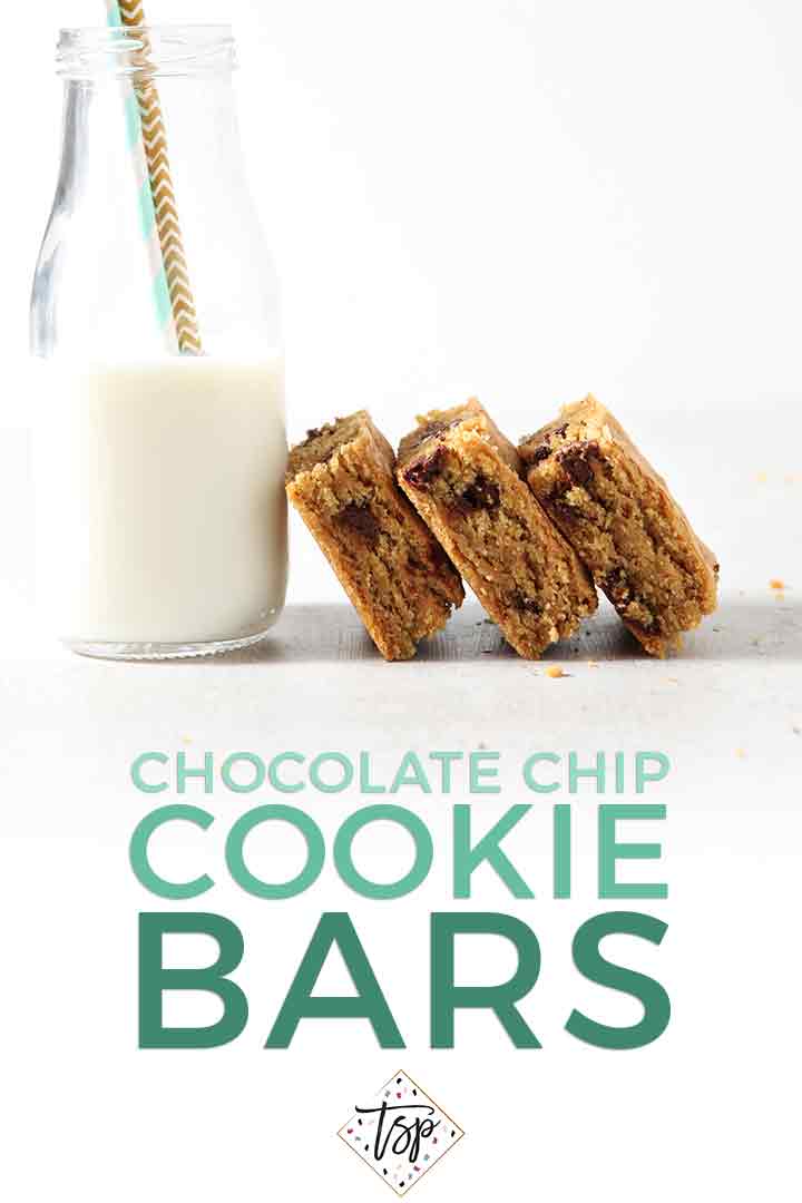 Chocolate Chip Cookie Bars lean against a glass of milk with Pinterest text