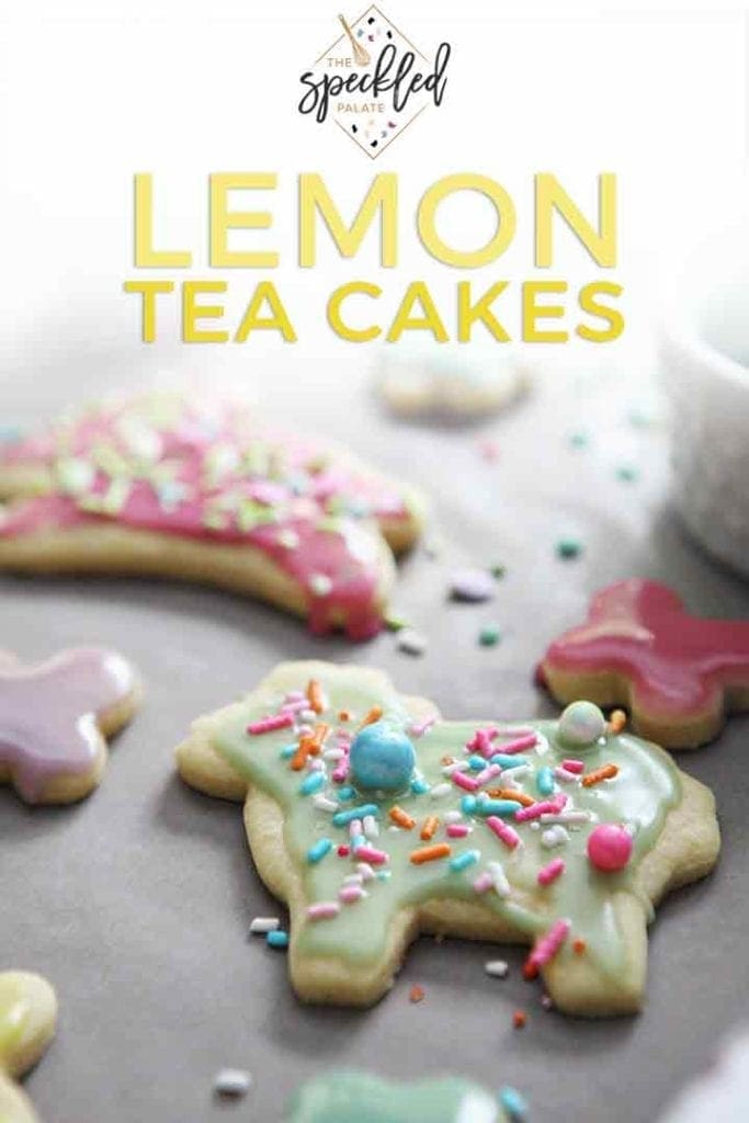 Decorated Lemon Tea Cake Cookies are shown on wax paper with Pinterest text