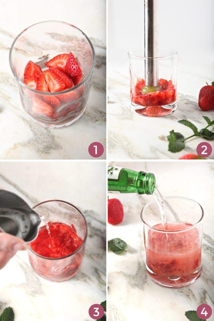 Collage of four images showing how to make a Strawberry Moscow Mule