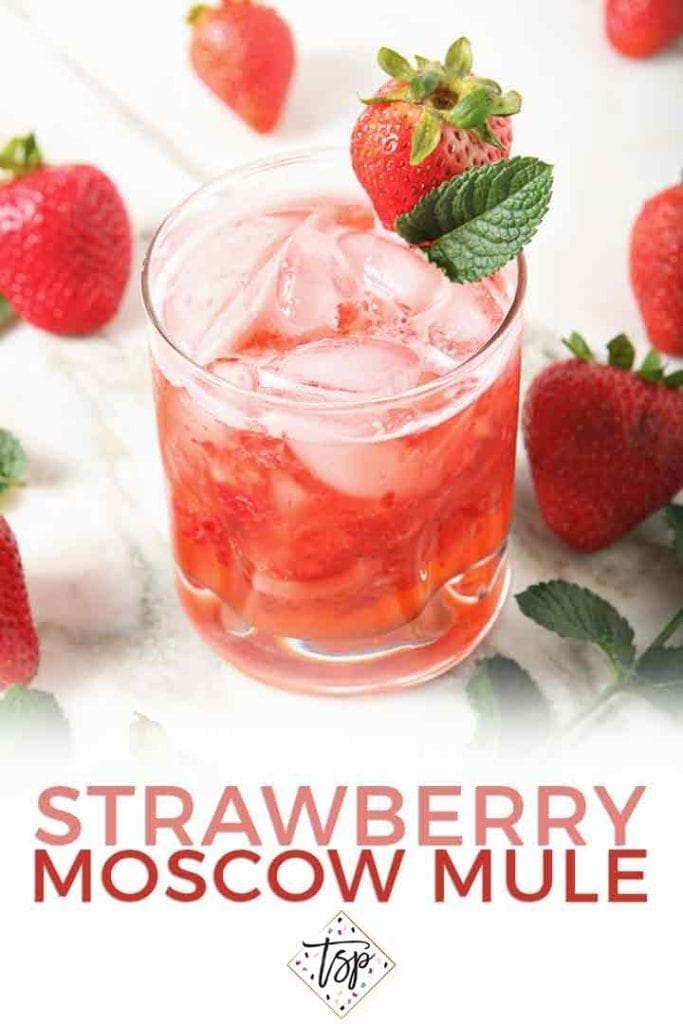 Close up of a Strawberry Moscow Mule with Pinterest text