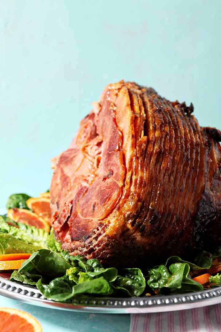 Close up image of a Baked Ham with Bourbon Orange Glaze