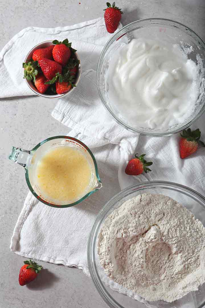 Wet and dry ingredients are shown with beaten egg whites