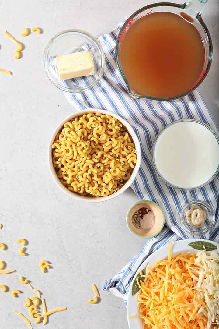 Ingredients to make Macaroni and Cheese in the Instant Pot, from above