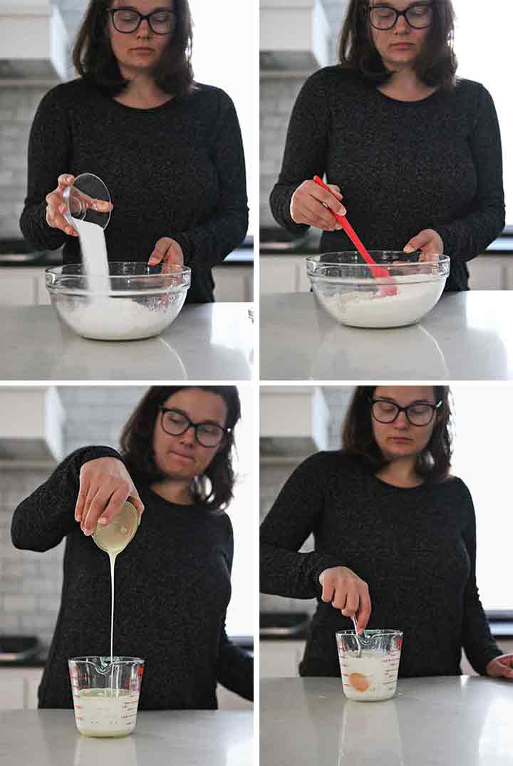 A collage of a woman making waffle batter