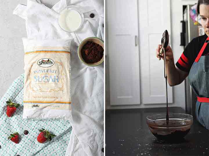 Collage of the ingredients to make chocolate ganache frosting and a woman drizzling the frosting once it reaches the correct consistency