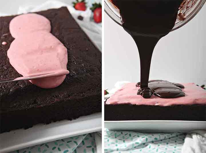 Collage of two photos showing how a chocolate cake is frosted with two different frostings