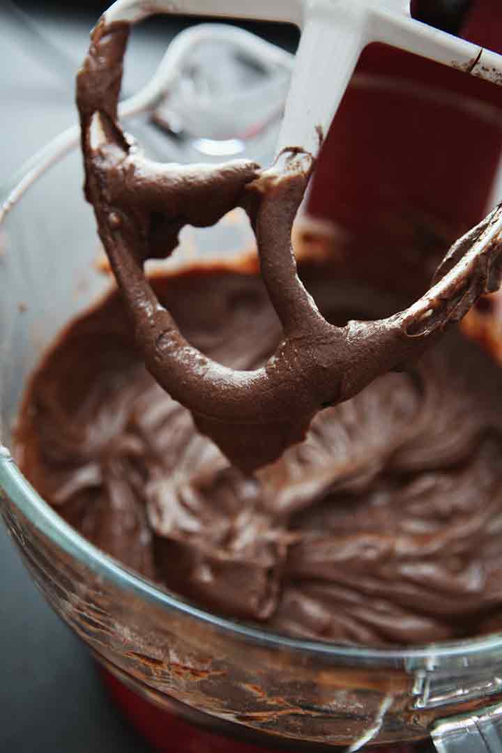 Close up of chocolate cake batter, in a stand mixer