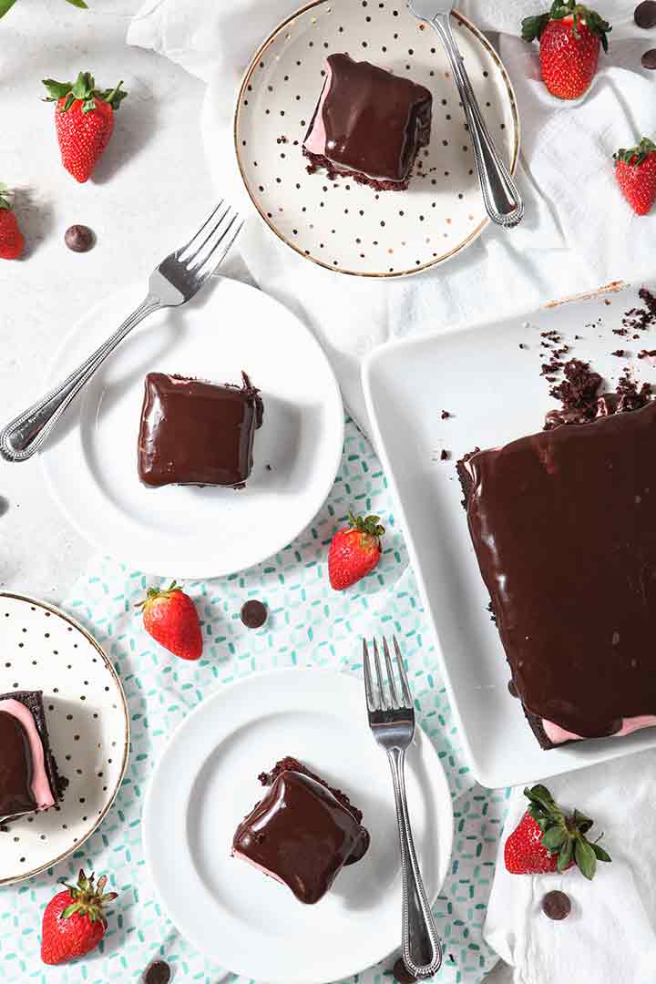 Overhead of the final Strawberry Chocolate Cake, sliced and ready for consuming