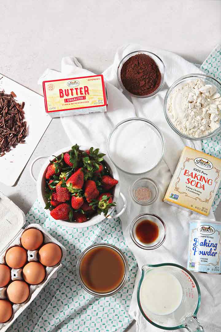 Overhead of ingredients to make the chocolate sheet cake