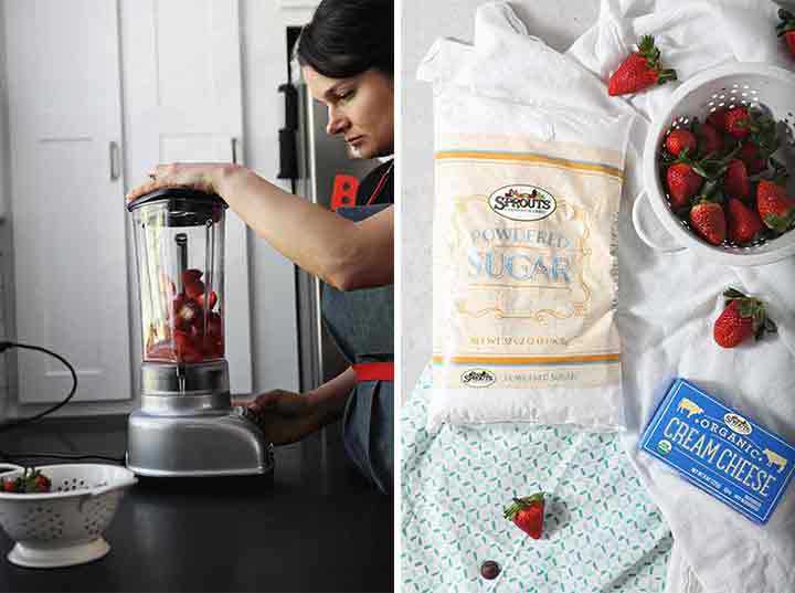 Collage of a woman making strawberry cream cheese frosting in a blender and the ingredients for it