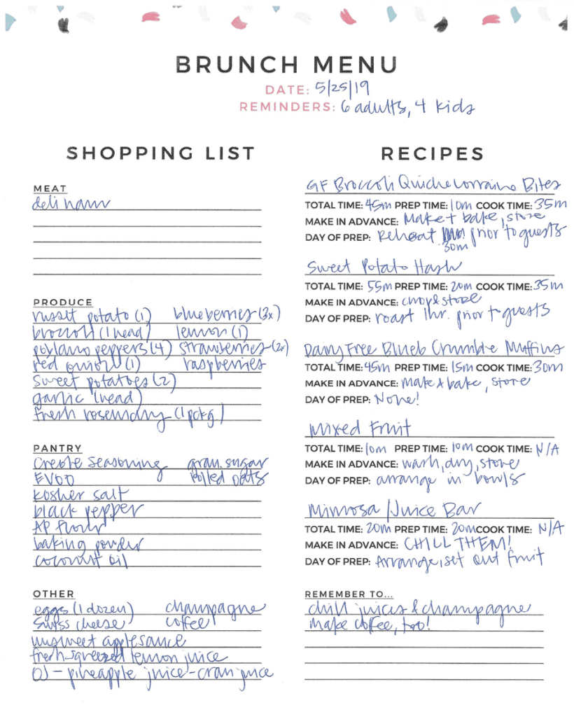 A brunch menu is filled out, including a shopping list, tasks and reminders