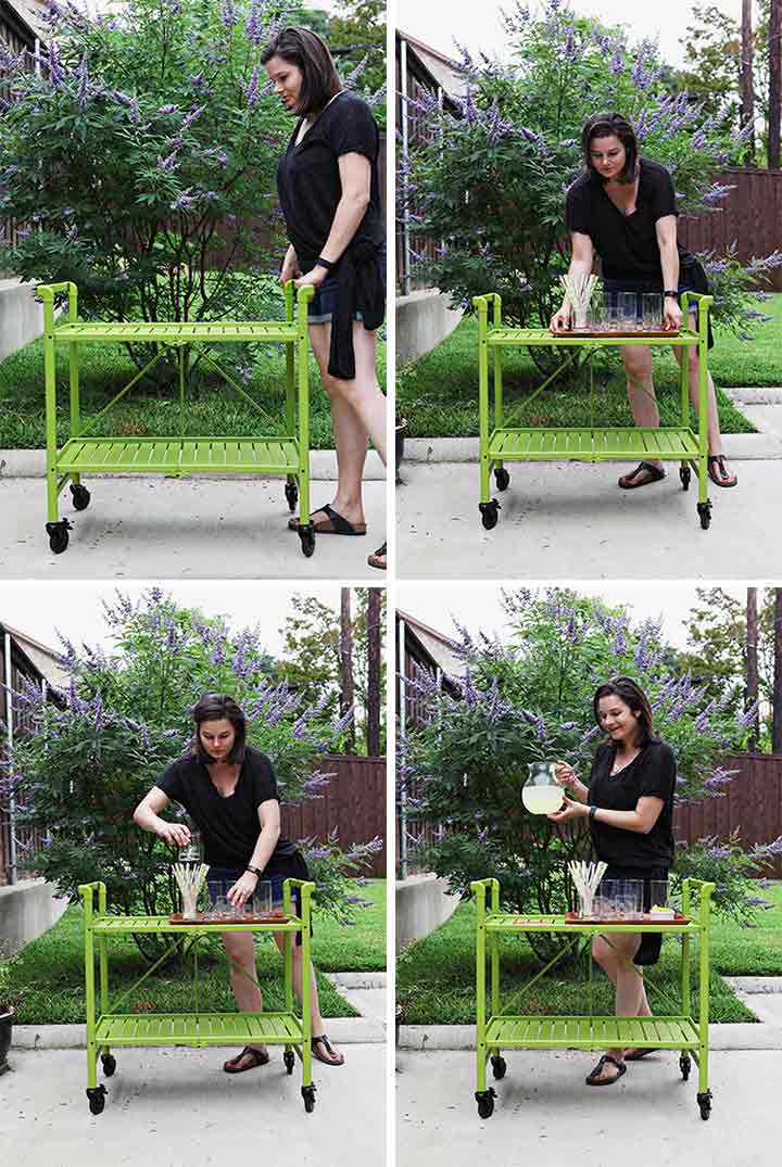 A woman puts together a bar cart in a collage, part 1 of 2