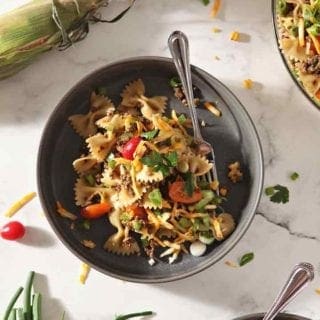 Close up of Taco Pasta Salad in a bowl, from above