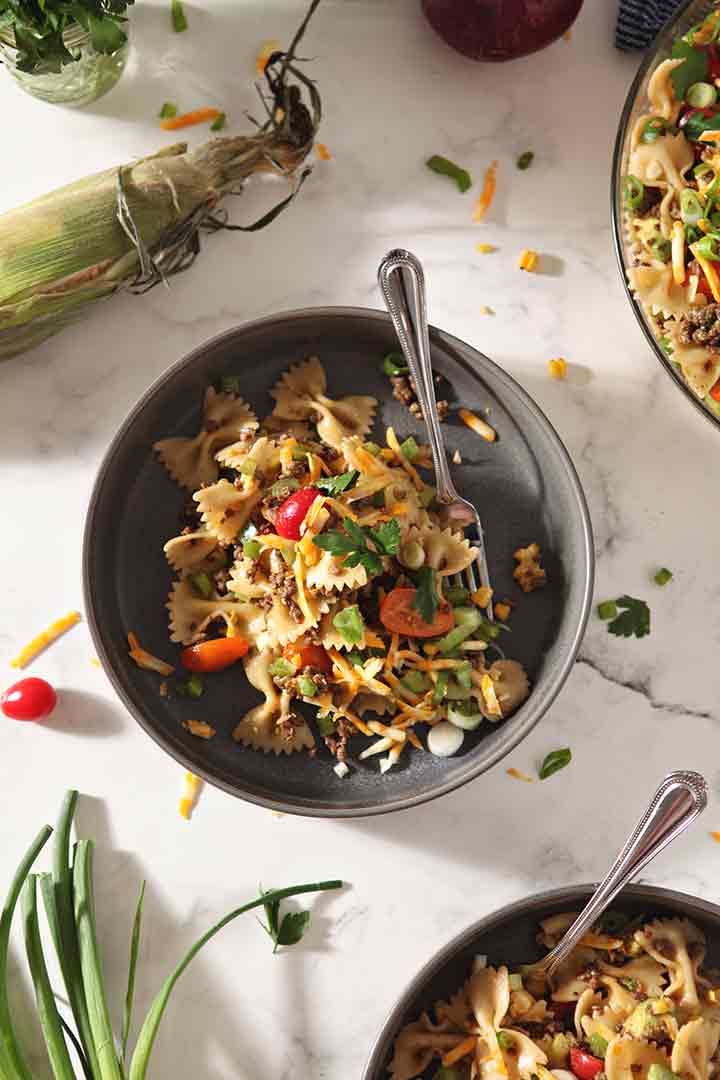 Close up of Taco Pasta Salad in a bowl, from above