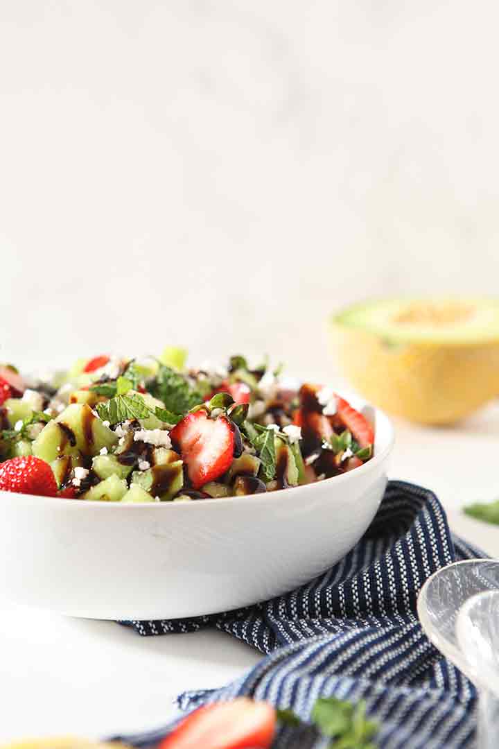 Close up of the Strawberry Melon Salad, in a white bowl